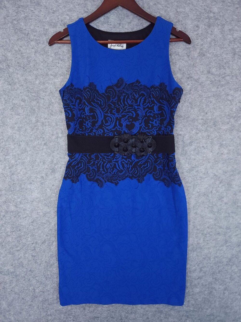 Joseph Ribkoff Size 8 Blue Black Jacquard Sheath Rosette Belted Cocktail Dress